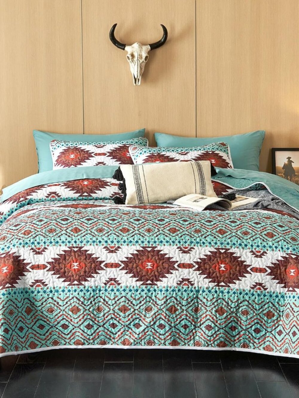 Southwestern Aztec Western Quilt Set Turquoise Brown Bedspread